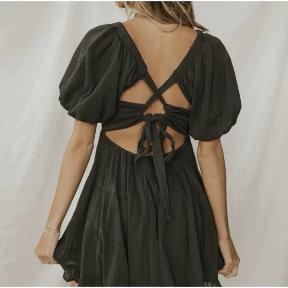 Free People Women's Perfect Day Mini Boho Dress Size XS Washed Black Smocked - Picture 3 of 11